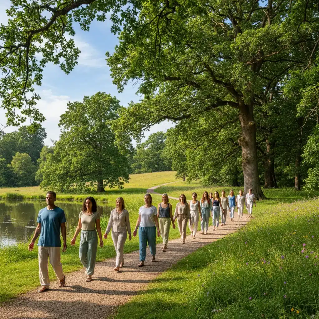 Group practicing walking meditation in peaceful park, calm and focused expressions.