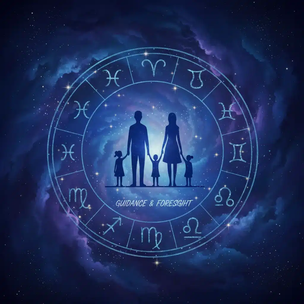 Zodiac constellations encircling a family silhouette, symbolizing astrological guidance in parenting.