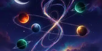 Mystical illustration of planets in retrograde motion through a cosmic nebula