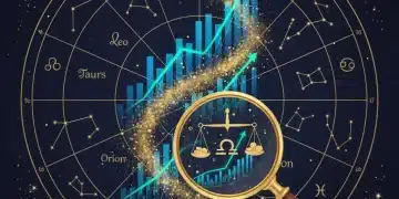 Astrological chart overlaid with financial data, showing growth and investment symbols for 2026.