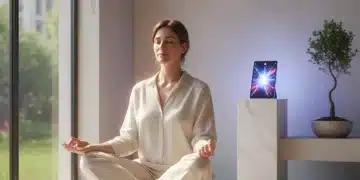Serene American meditating amidst subtle tech glow, finding peace in digital age.