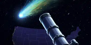 Bright comet with a long tail visible over the United States night sky