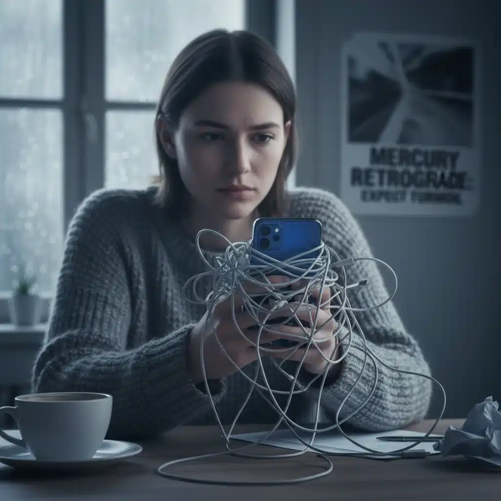 Person frustrated with tangled phone wires during Mercury Retrograde