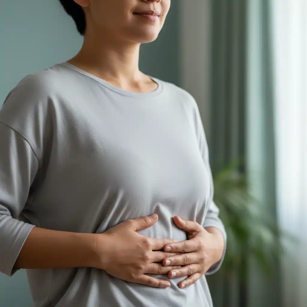 Person demonstrating diaphragmatic breathing technique.