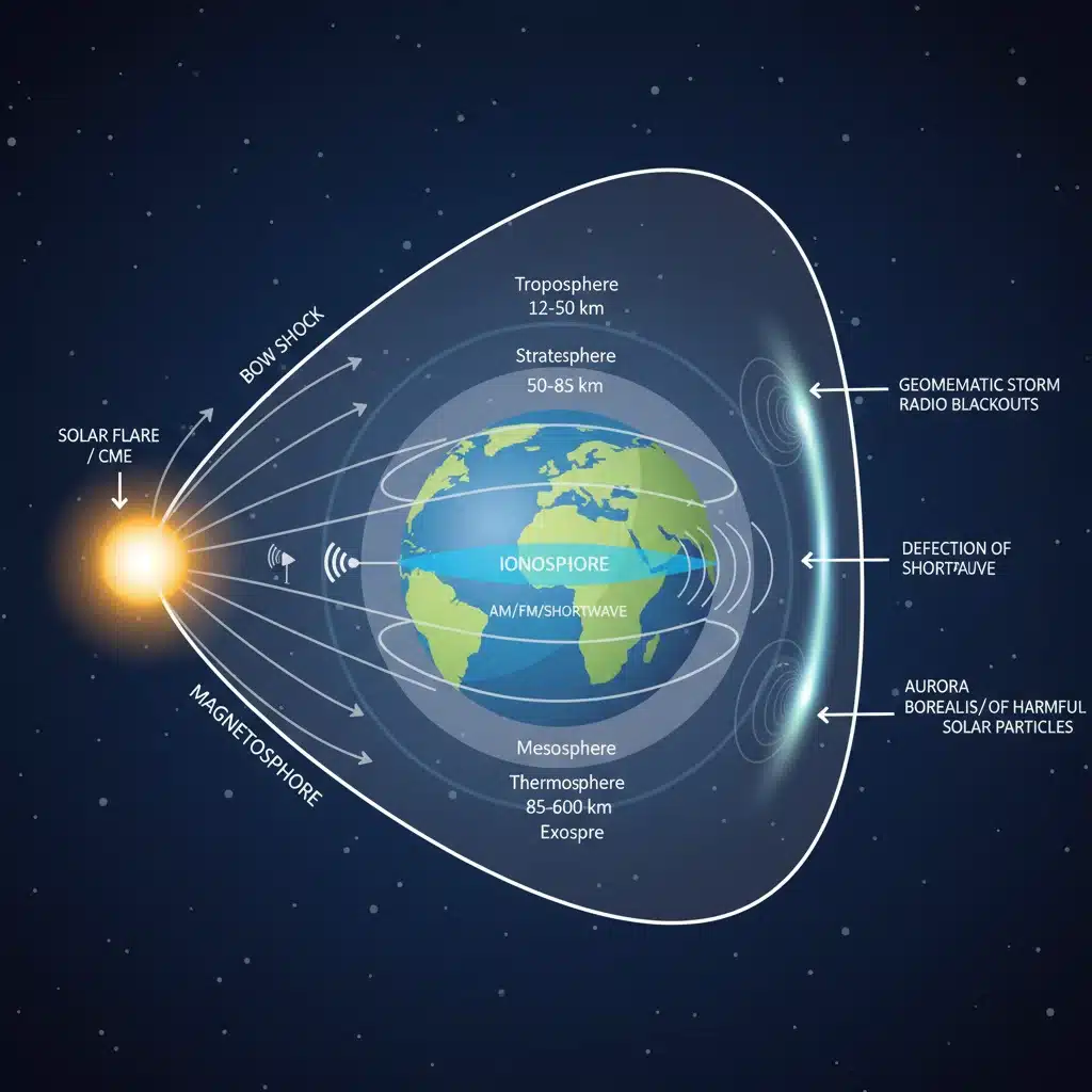 Diagram showing Earth's atmosphere and magnetosphere interacting with geomagnetic storm effects.