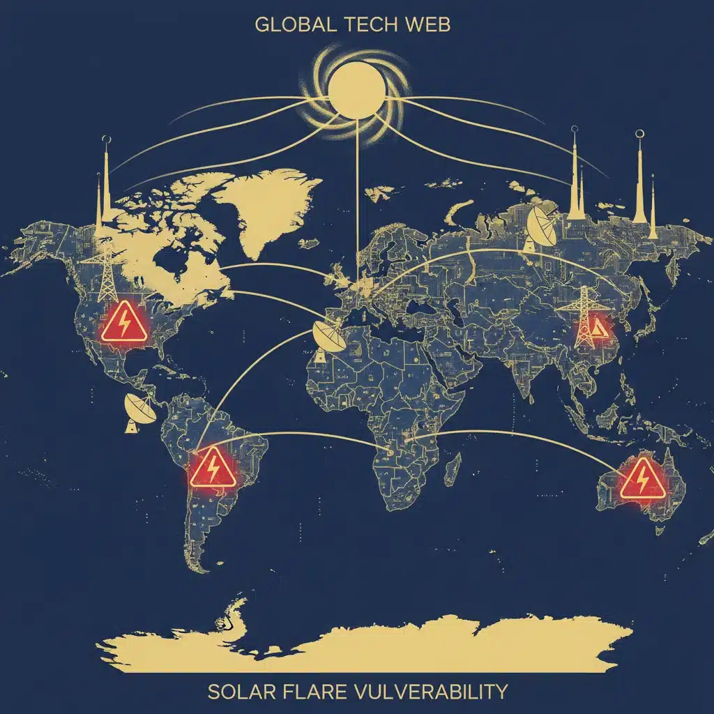 World map with icons of critical infrastructure, showing potential vulnerabilities to solar flare disruptions.