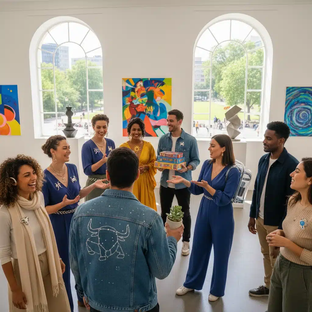 Diverse zodiac signs interacting harmoniously in a group