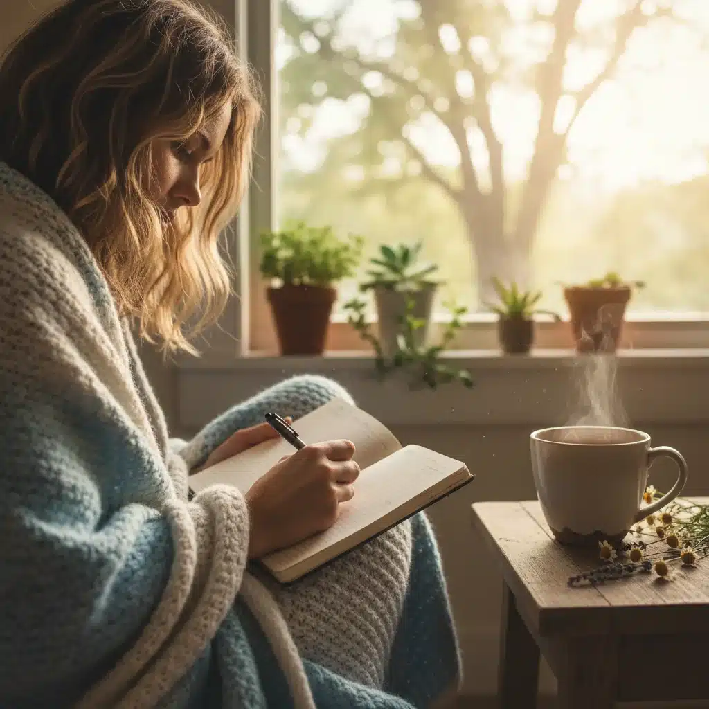 Person journaling with tea, reflecting on thoughts and feelings.