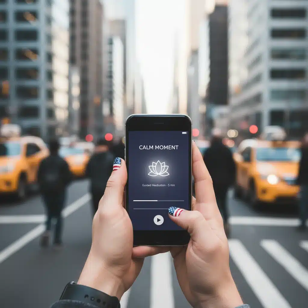 American using meditation app on smartphone in a busy urban environment.
