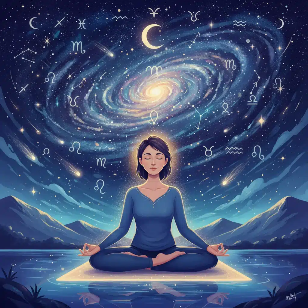 Person meditating under a starry sky, representing mental and emotional well-being guided by astrology.