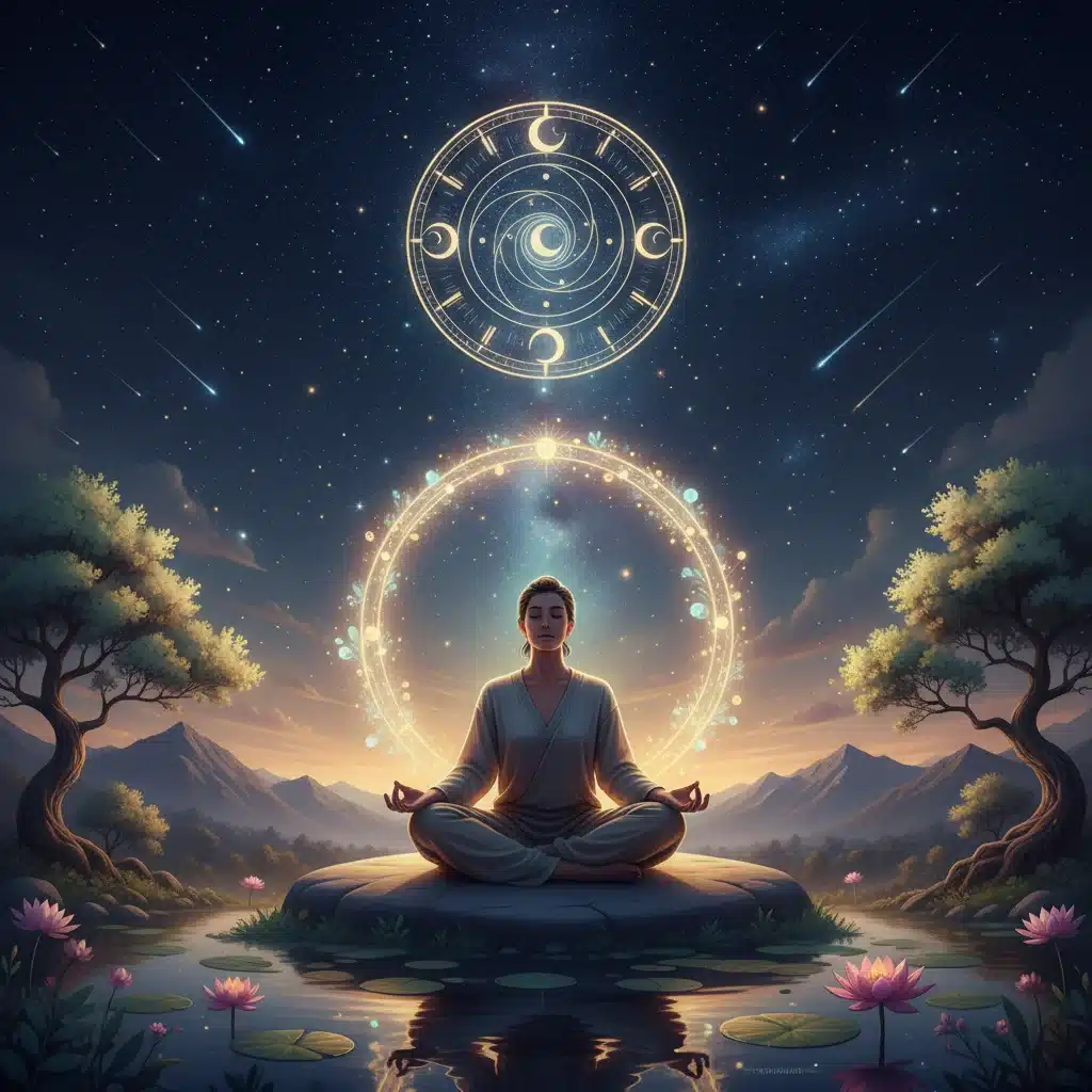 Individual meditating under a starry sky for retrograde self-care