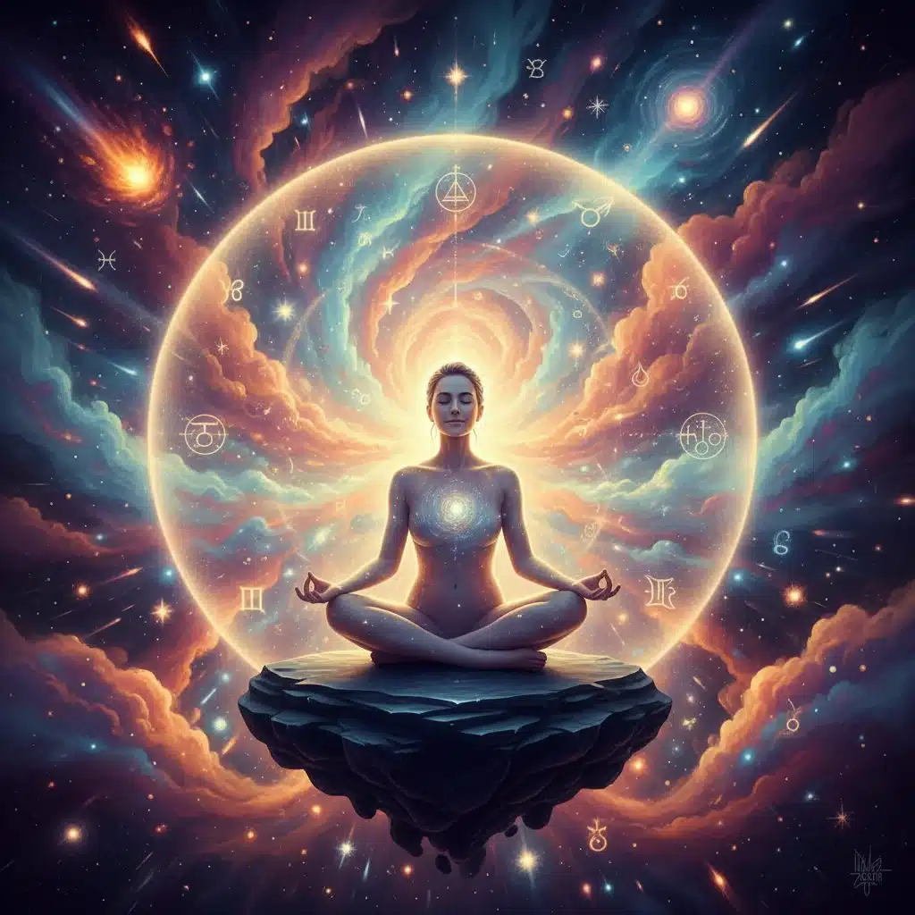 Person meditating peacefully during cosmic retrograde energy