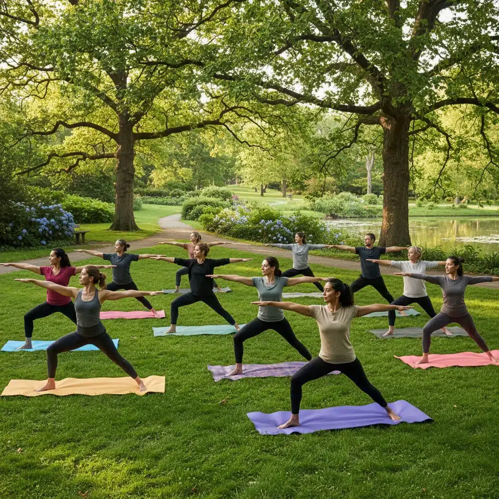 Group practicing mindful outdoor activity, fostering community.