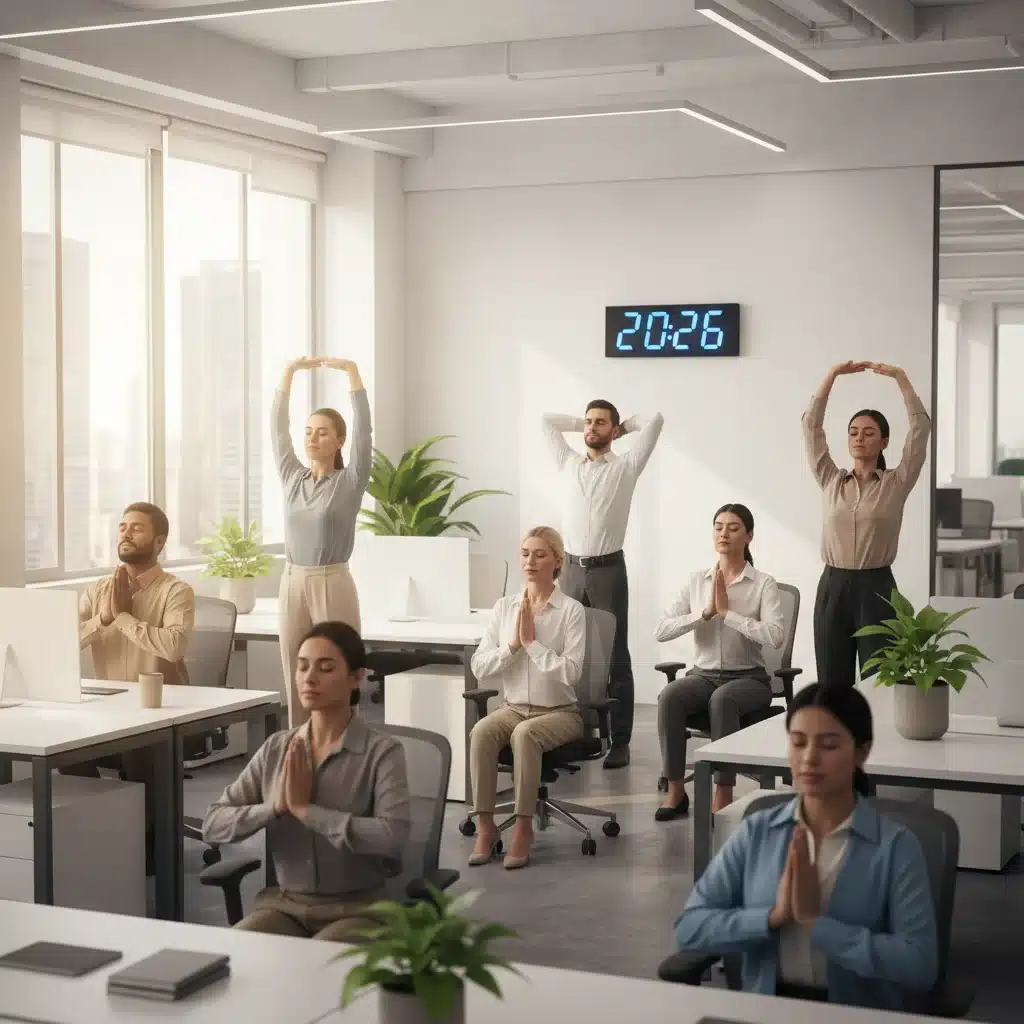 Office workers in 2026 practicing mindful breaks for stress relief.