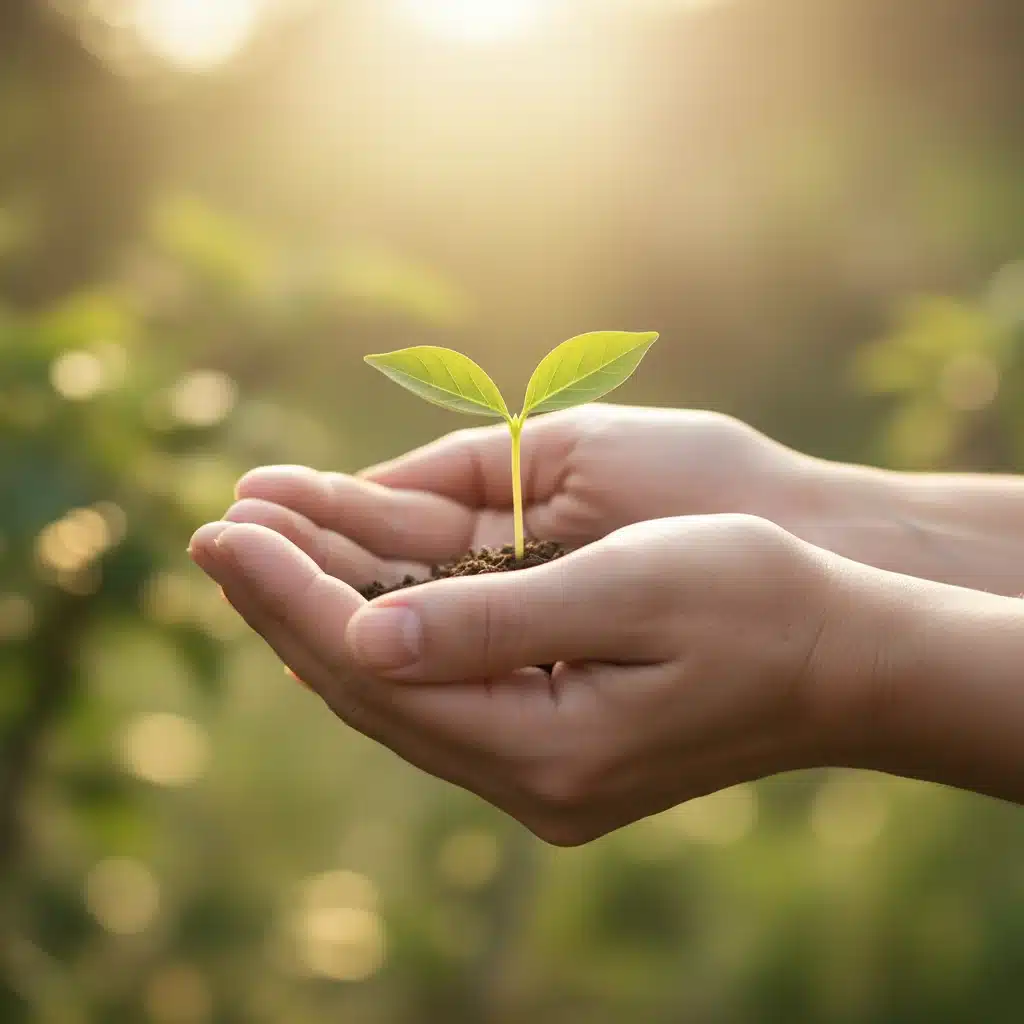 Hands holding a green sprout, symbolizing personal growth and mindfulness