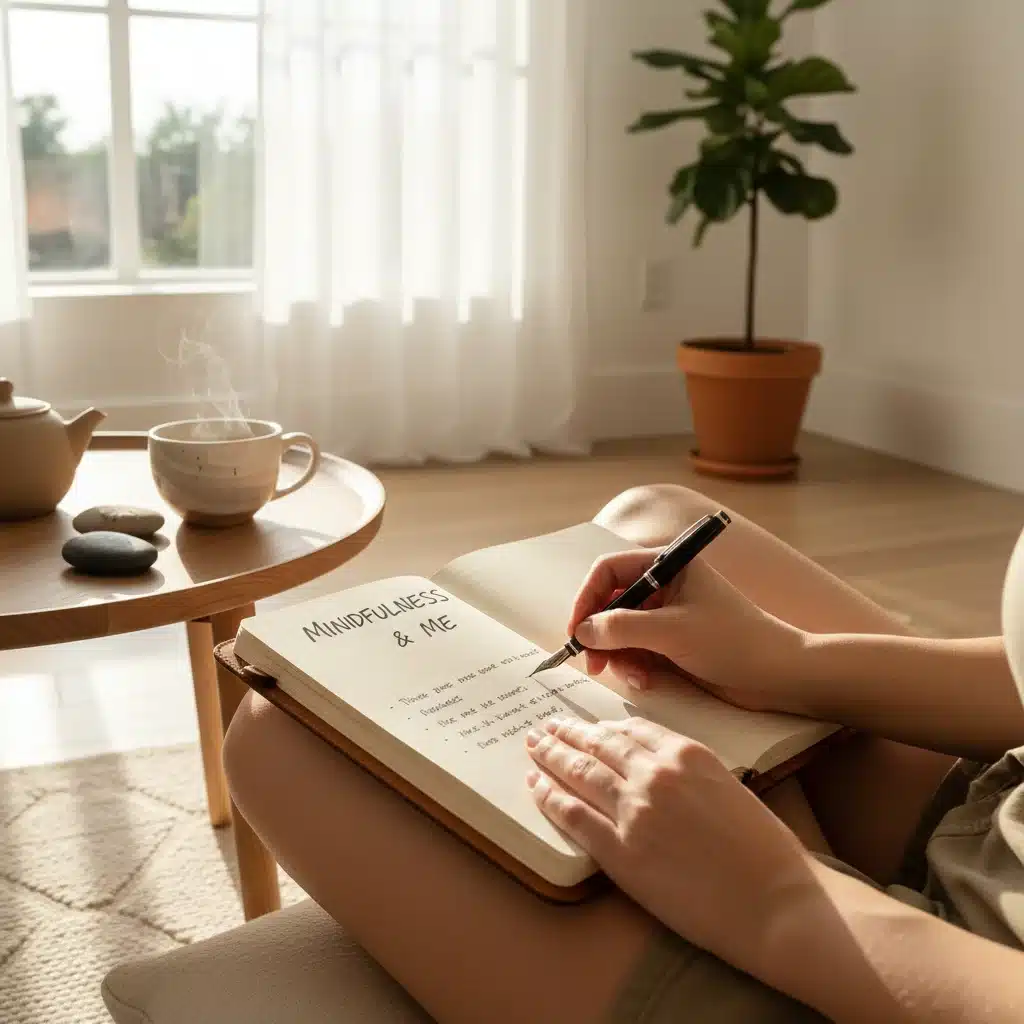 Person journaling in a peaceful room, reflecting on mindfulness practice