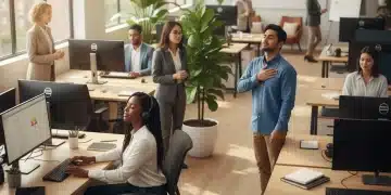 Professionals finding calm and focus in a busy modern office setting through quick meditation.