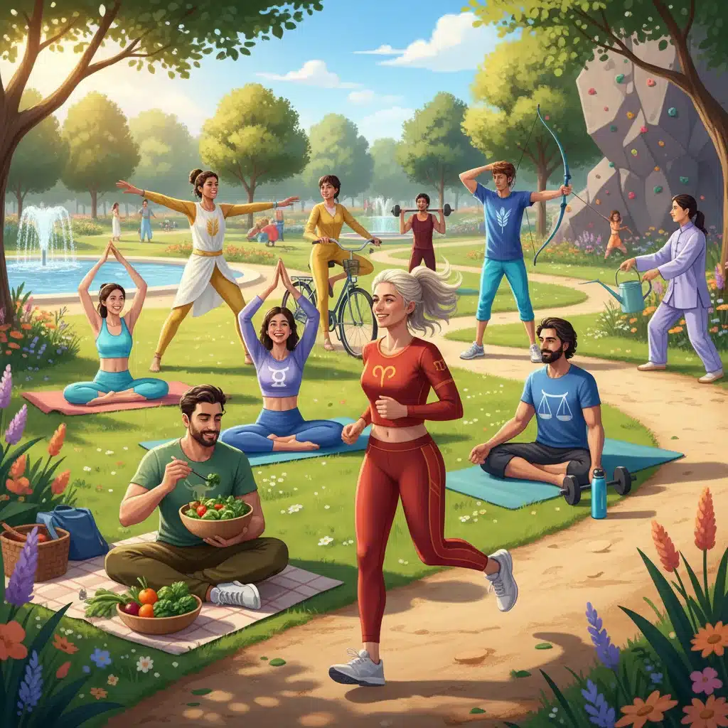 Diverse individuals engaged in healthy activities, like jogging and yoga, representing physical vitality and personalized wellness.