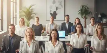 Professionals practicing breathwork for stress reduction in a modern office setting.