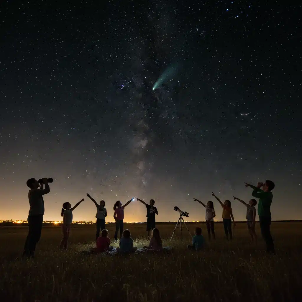 People stargazing and observing a comet in a dark field at night