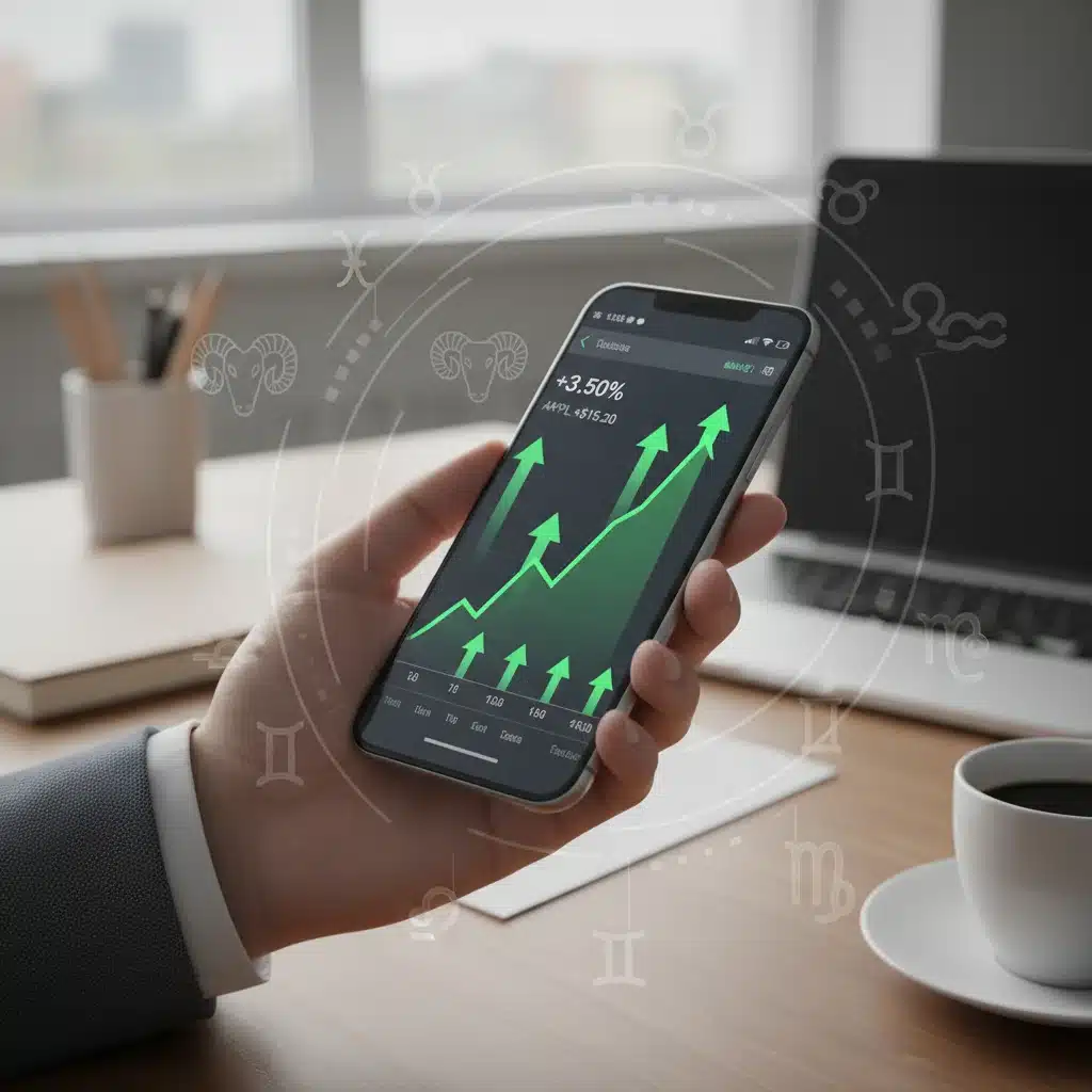 Person checking stock market trends on phone with subtle zodiac motifs.