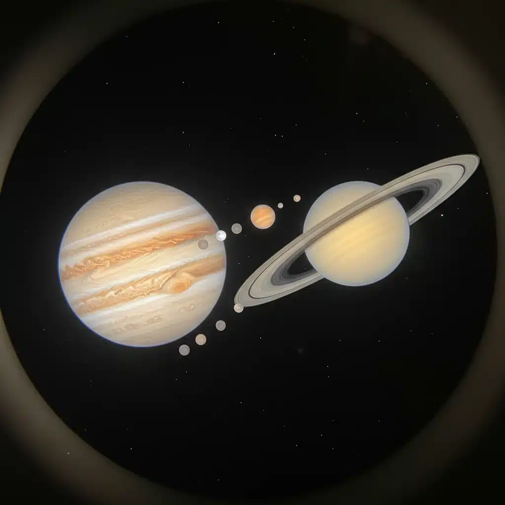 Telescopic view of Jupiter and Saturn appearing close together in the night sky, showcasing their details.