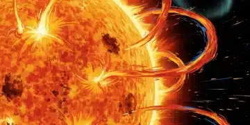 Illustration of an active sun with sunspots and solar flares affecting Earth.