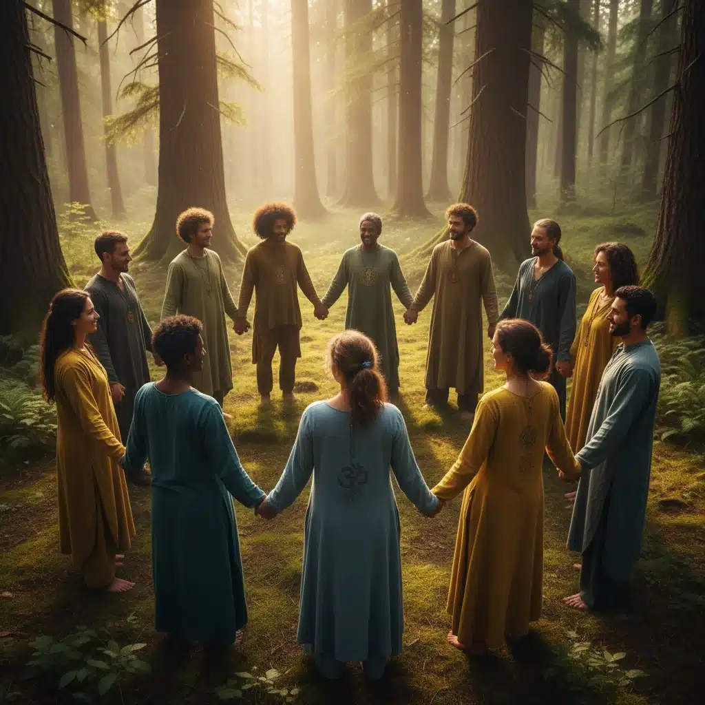 Diverse group holding hands in a circle, symbolizing community support for spiritual growth