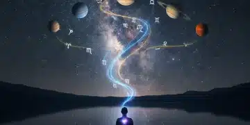 Person meditating under a vibrant, star-filled sky with cosmic energy, representing astrological guidance for spiritual growth.