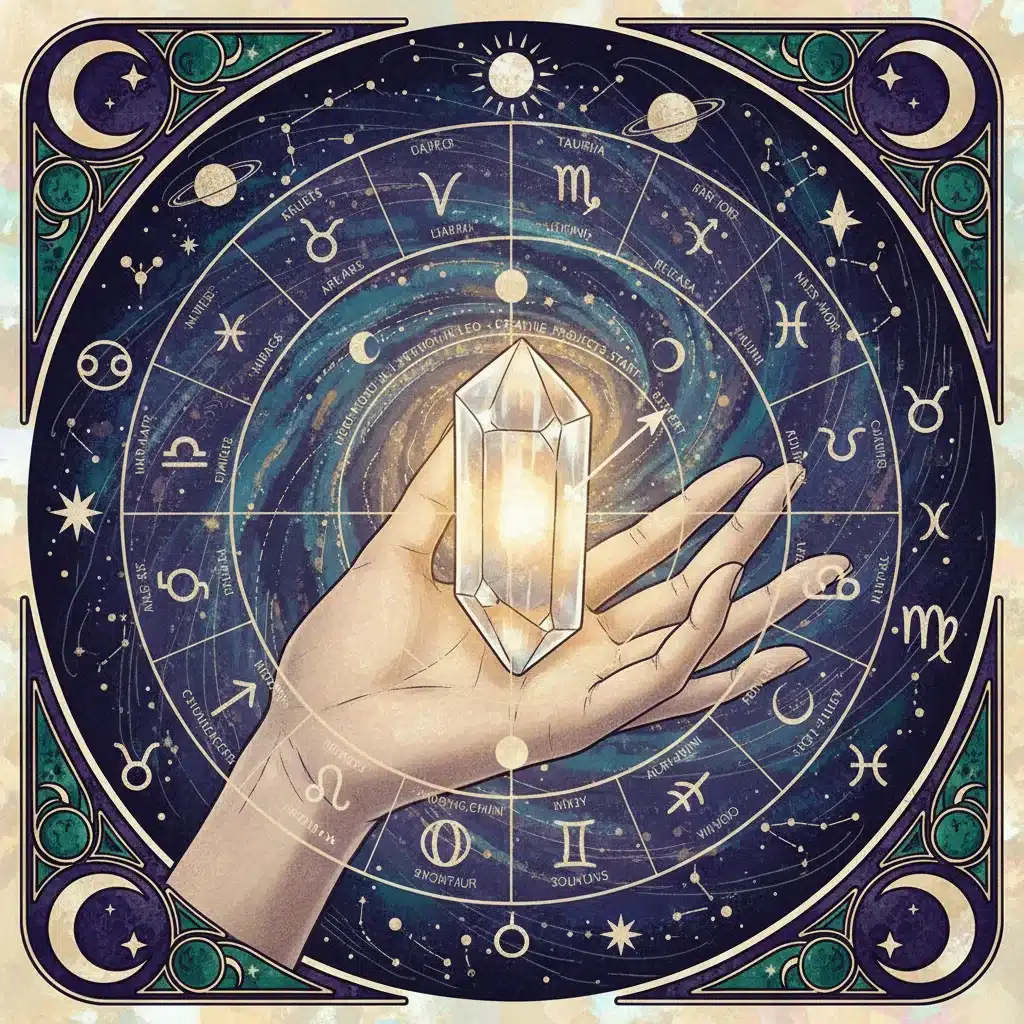 Hand holding a glowing crystal with astrological calendar overlay, symbolizing intentional spiritual practice.