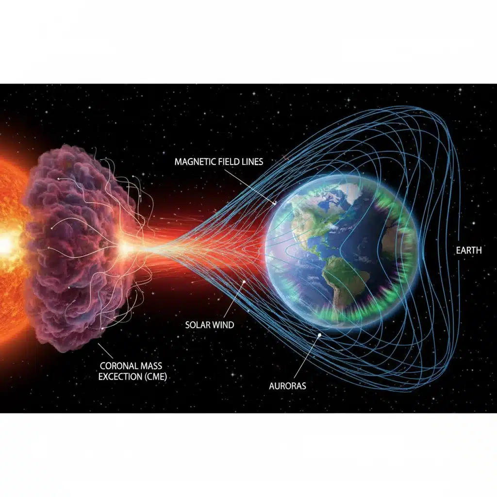 Earth's magnetic field protecting against a coronal mass ejection, showing aurora.