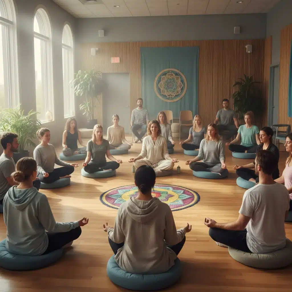 Diverse group meditating together in a studio, highlighting community support for sustained practice.