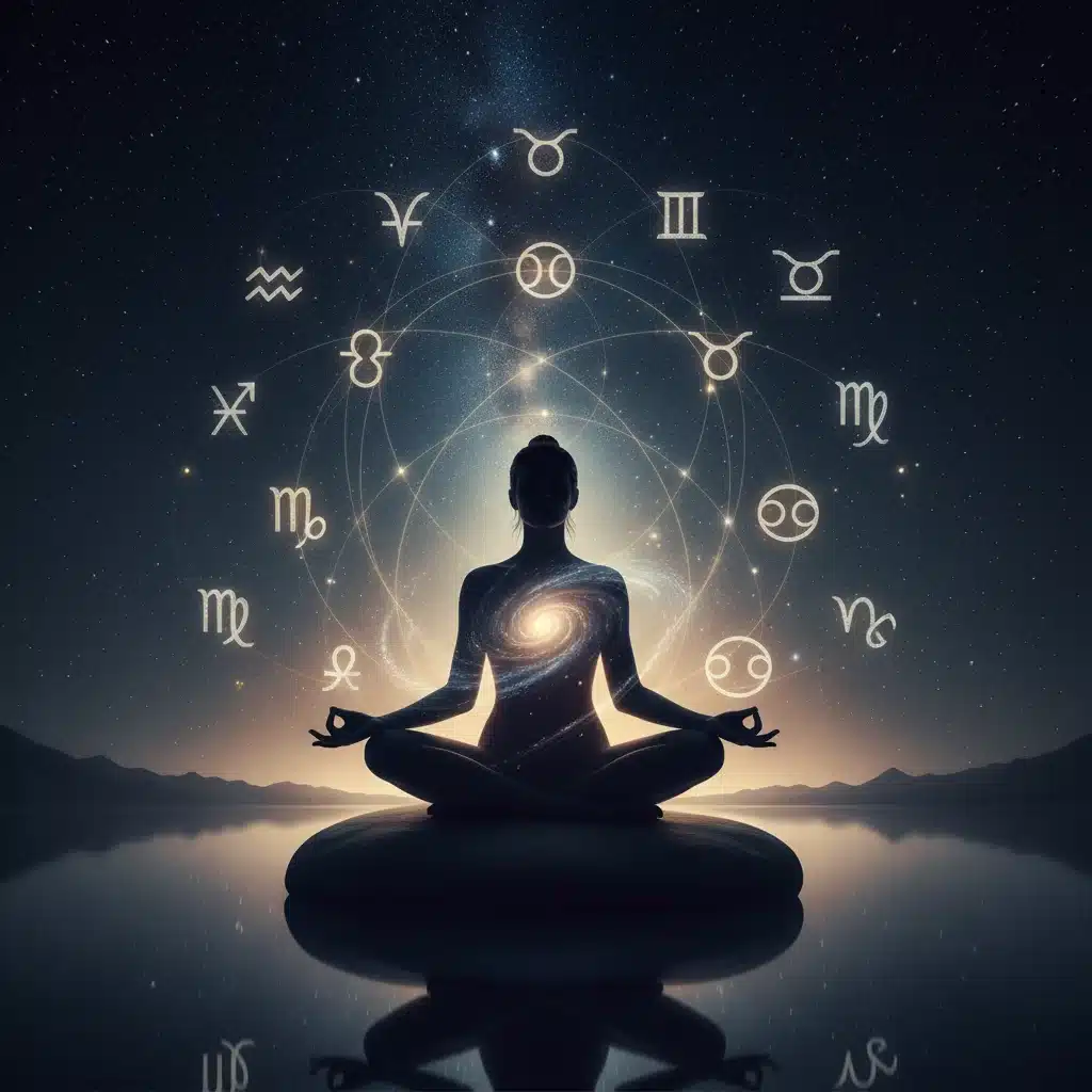 Meditating person discovering inner truth under a starry sky with astrological symbols