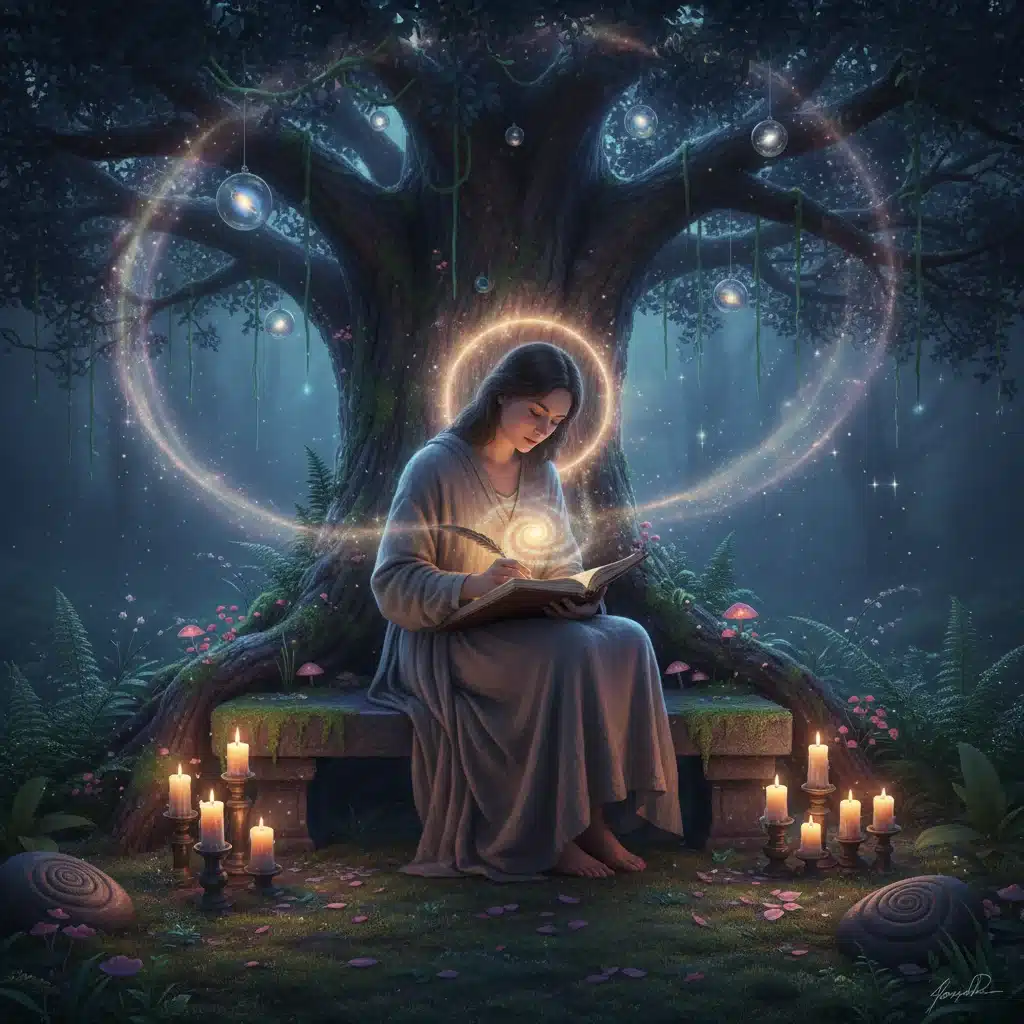 Person journaling by candlelight in a peaceful setting, symbolizing deep self-reflection and spiritual introspection.