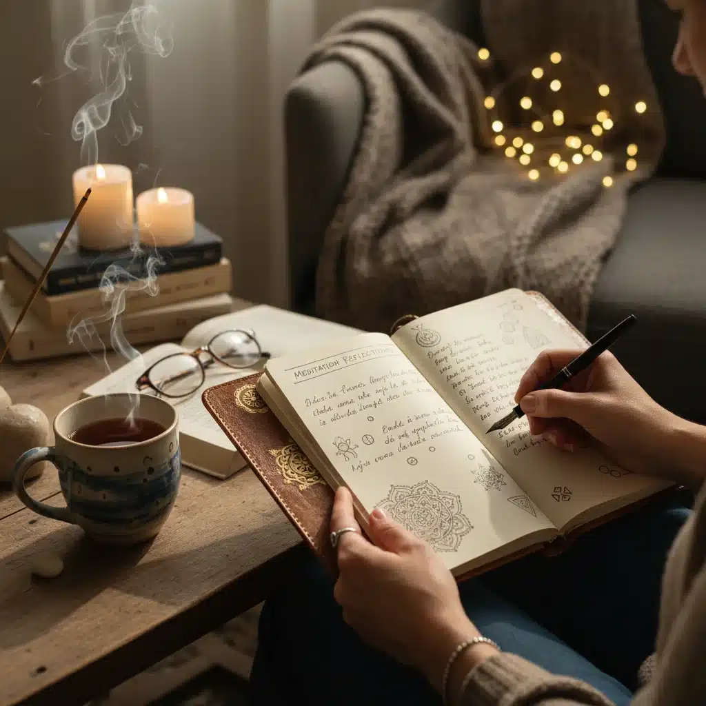 Individual journaling meditation insights, reflecting on their sustained practice.