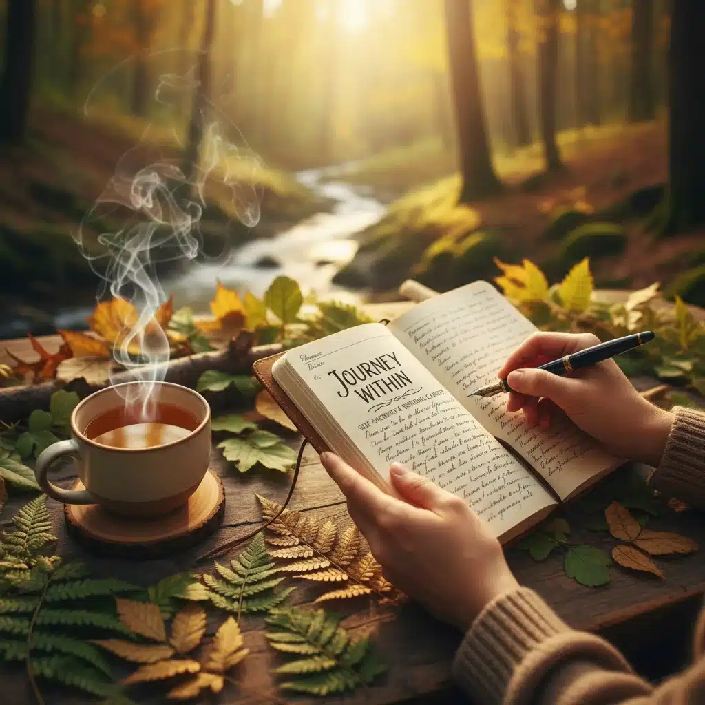 Person writing in a journal, surrounded by nature, practicing spiritual reflection