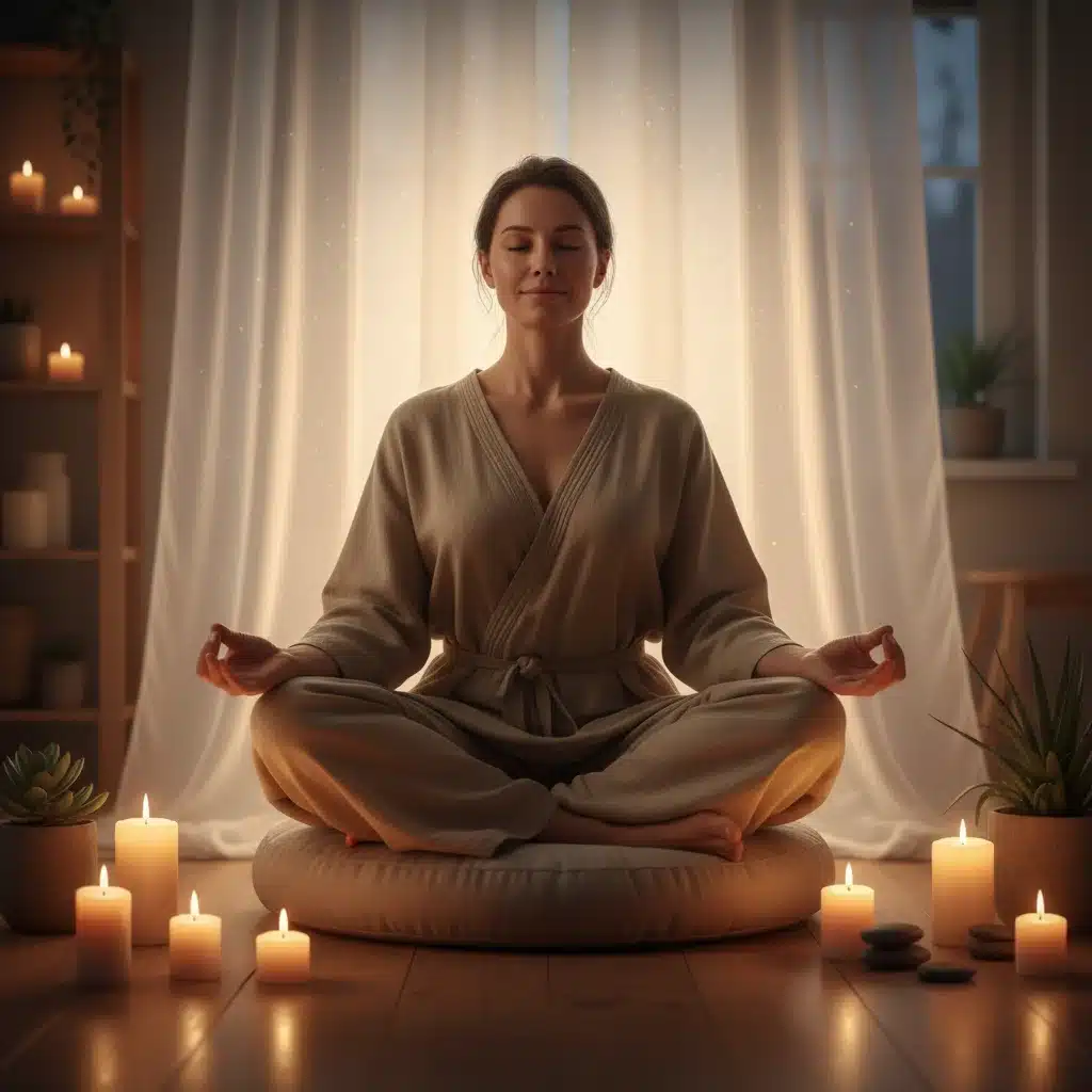 Person meditating with candles in a peaceful setting