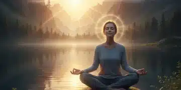 Person meditating peacefully by a lake at sunrise, symbolizing spiritual resilience