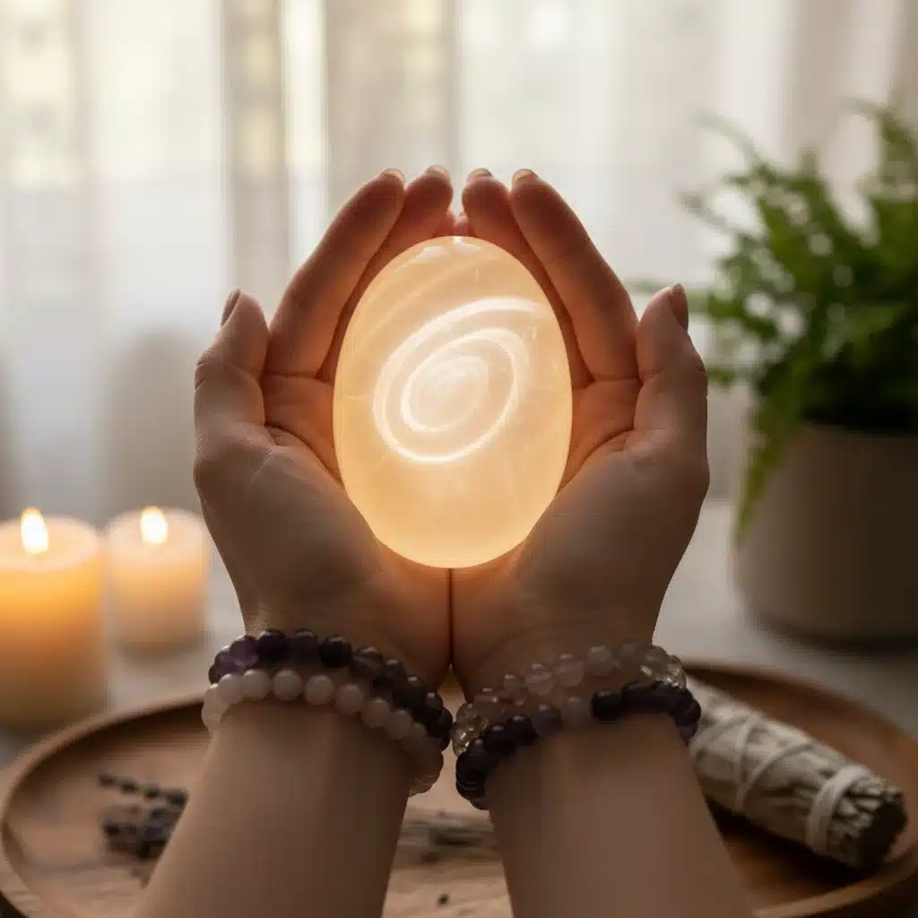Hands holding a glowing crystal, representing mindful intention and spiritual energy.