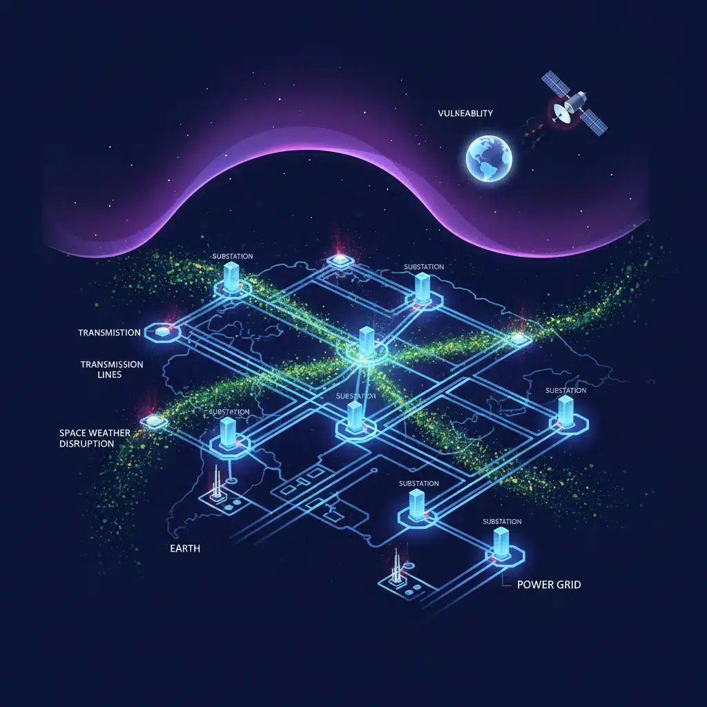 Diagram of power grid and satellite vulnerable to space weather effects.