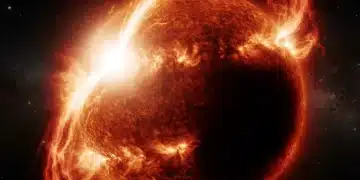 Powerful solar flare erupting from the sun's surface, illustrating space weather events.
