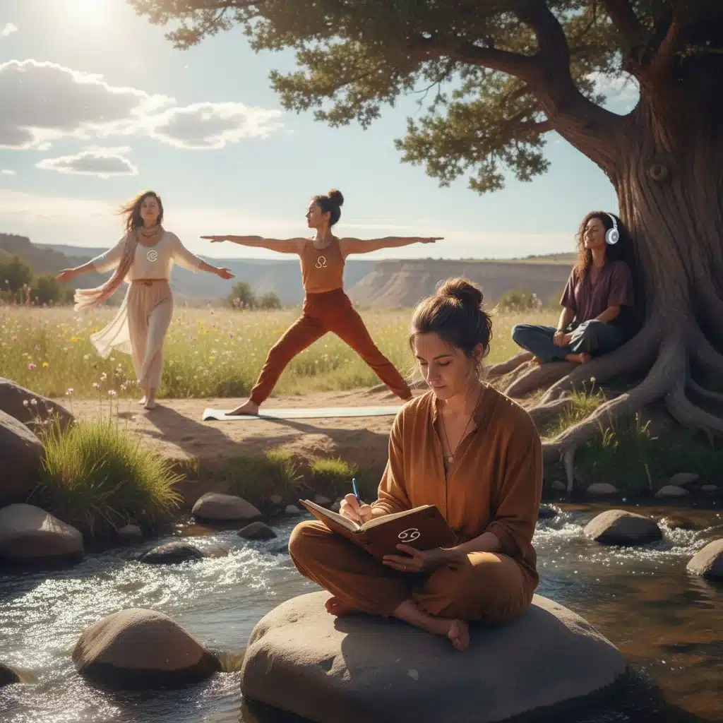 Diverse individuals practicing self-care activities like journaling, yoga, and nature walks.