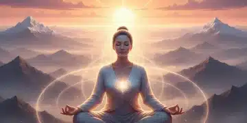 Person meditating on a mountain at sunrise, symbolizing spiritual awakening and deep connection.