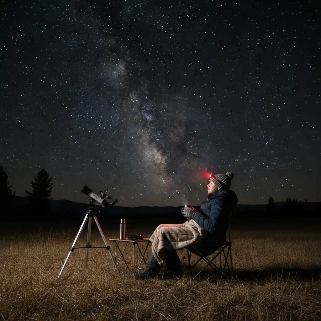 Stargazer observing the night sky with warm clothing and red-light headlamp.