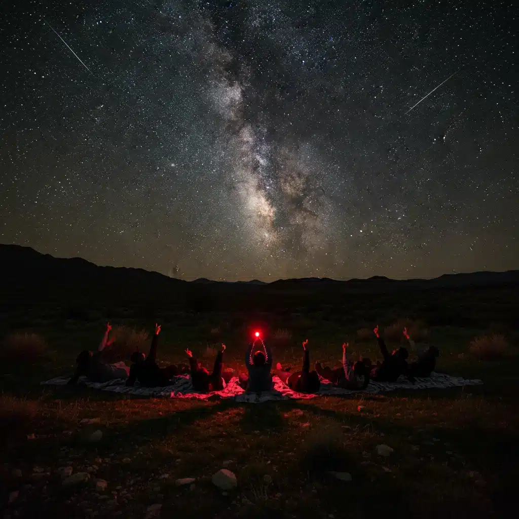 Stargazers observing Perseid meteors in a dark sky park, using red flashlights.