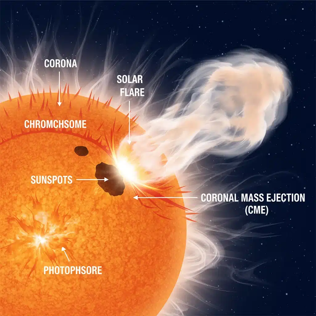 Diagram showing the sun's layers and the origin of solar flares from sunspots.