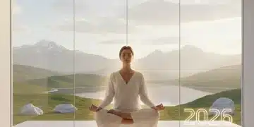 Person meditating peacefully in a modern, light-filled room with a view of nature, embodying sustained meditation practice.