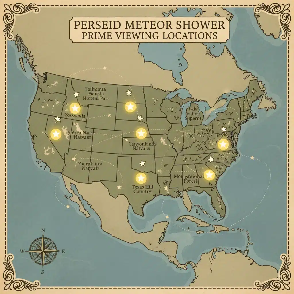 Map of the United States highlighting optimal Perseid meteor shower viewing locations.