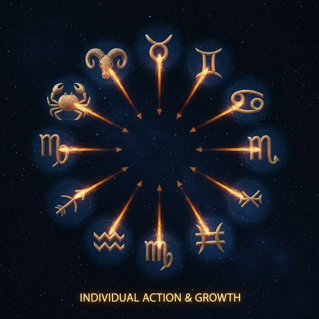 Zodiac symbols in a circle with outward-pointing arrows, representing individual growth